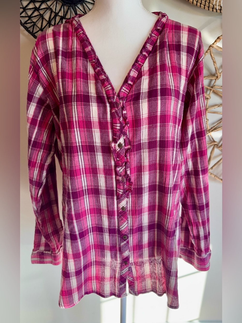 Bit & Bridle Pink Plaid Ruffle-Trim Button Front Top Size 2X